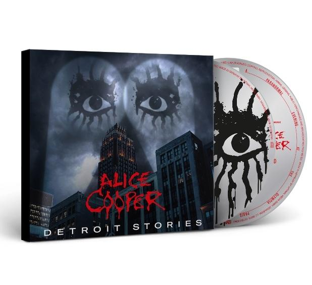 Alice Cooper Albumcover. Augen am Himmel und dunkle Stadtlandschaft. CD mit Kunst sichtbar.