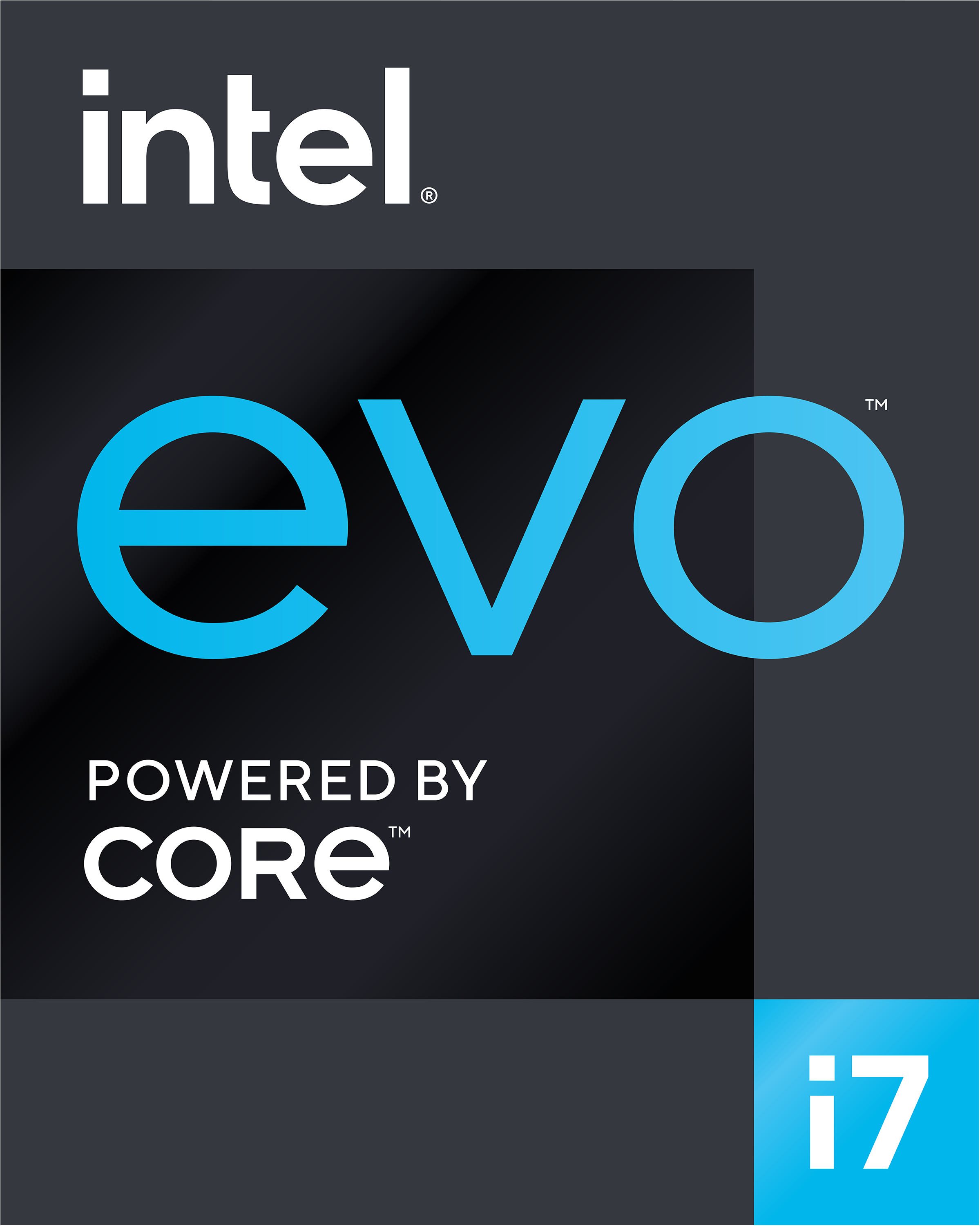 Intel Evo i7 Logo auf dunklem Hintergrund, mit Intel-Logo oben und i7 unten.