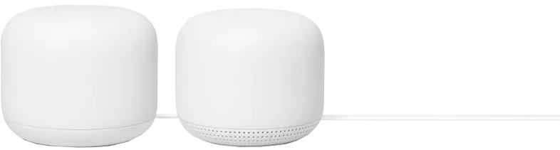 Deux appareils Google Nest Wifi blancs. Cylindriques, avec un câble blanc entre eux.