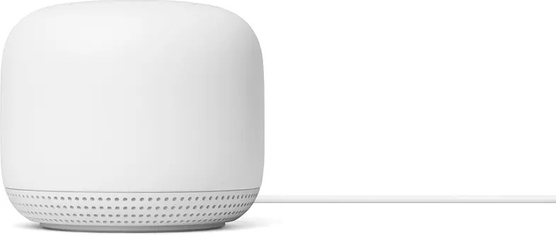 Un routeur Wifi Google Nest blanc avec un câble blanc attaché au bas.
