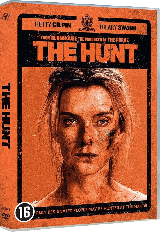 Jaquette DVD de "The Hunt" avec Hilary Swank et Betty Gilpin. Fond orange avec texte et images.