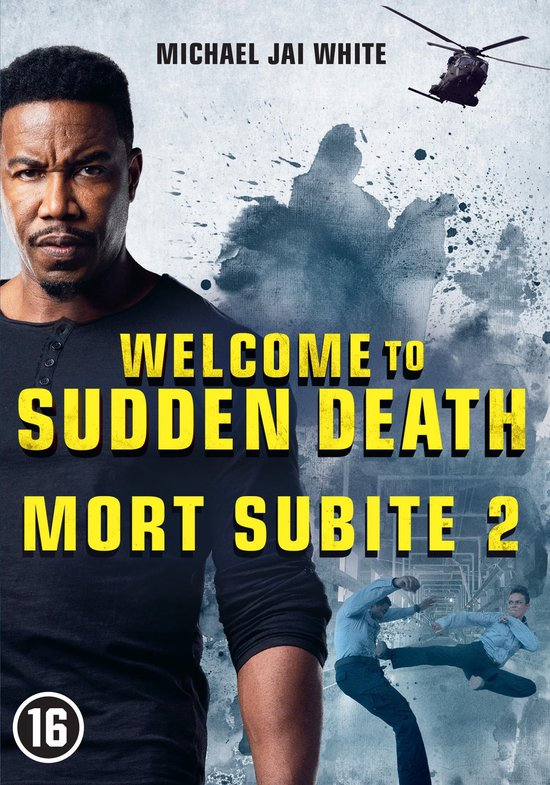 Affiche de film : Michael Jai White dans 'Welcome to Sudden Death'. Hélicoptère dans le ciel, scène d'action en bas.