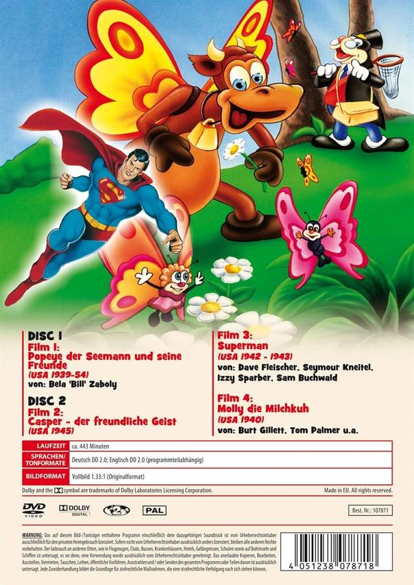 Rückseite einer DVD-Hülle mit Zeichentrickfiguren und Text in mehreren Sprachen.