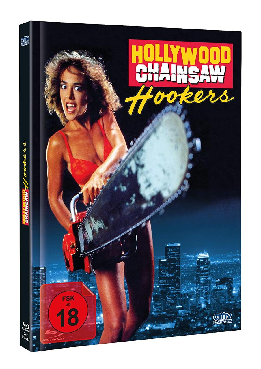 Eine Filmhülle für 'Hollywood Chainsaw Hookers'. Sie zeigt eine Frau, die eine Kettensäge hält.