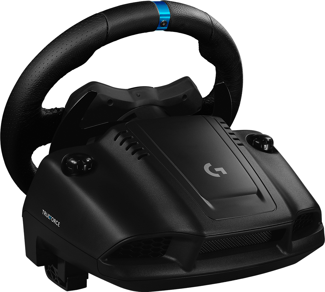 Egy fekete Logitech Trueforce kormánykerék kék díszítéssel és fekete alappal.