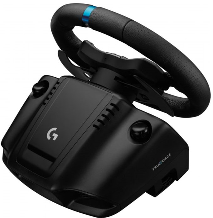 Egy fekete Logitech Trueforce kormánykerék kék csíkkal a tetején.