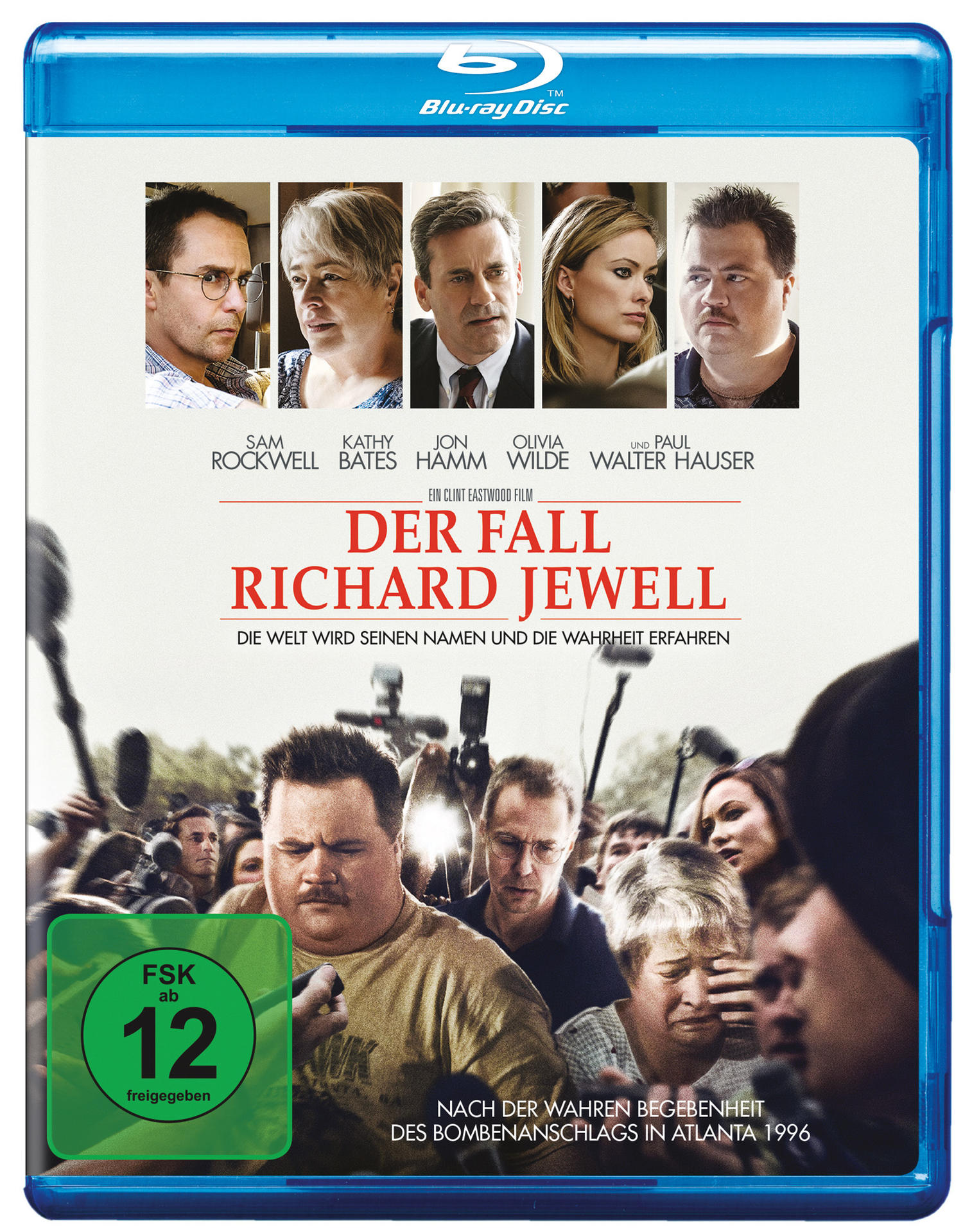 Blu-ray-Cover für 'Der Fall Richard Jewell', mit Fotos der Besetzung und einer Menschenmenge.