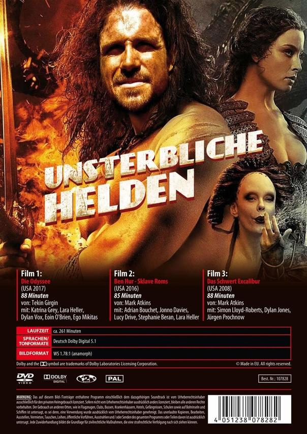 Filmposter mit drei Schauspielern. Text auf Deutsch: Unsterbliche Helden. DVD-Details, Laufzeit und Filmtitel sind ebenfalls vorhanden.