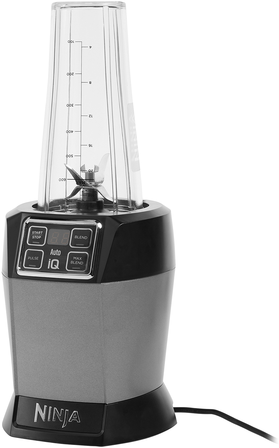 A Ninja blender, silver base with black accents, clear blender jar.  Buttons on the front.