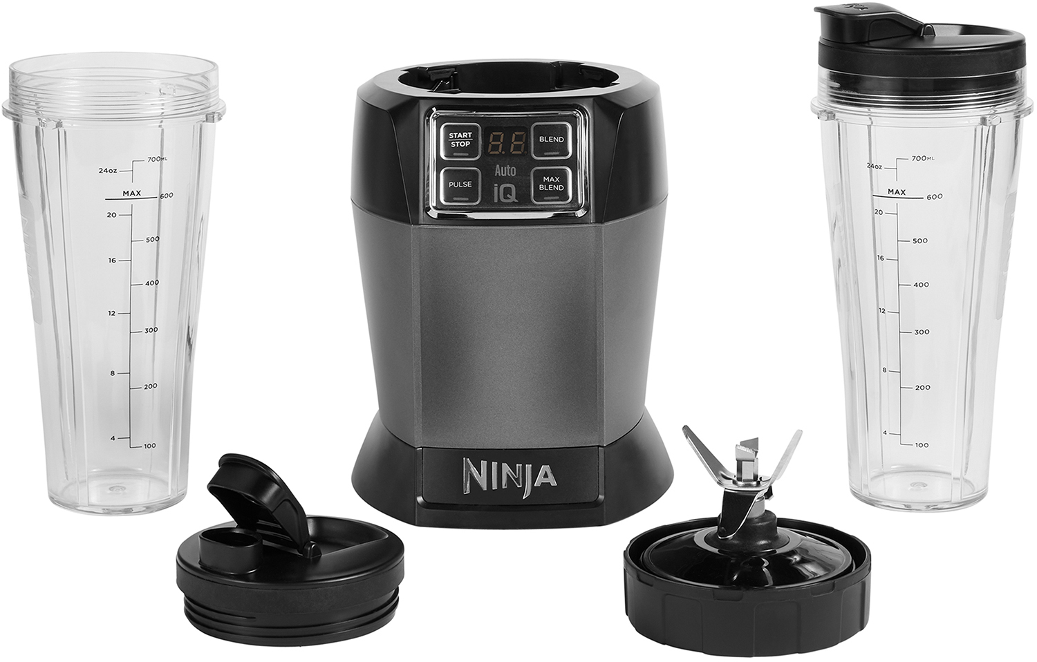 Ninja blender with containers and blades. Black base and accessories. White background.