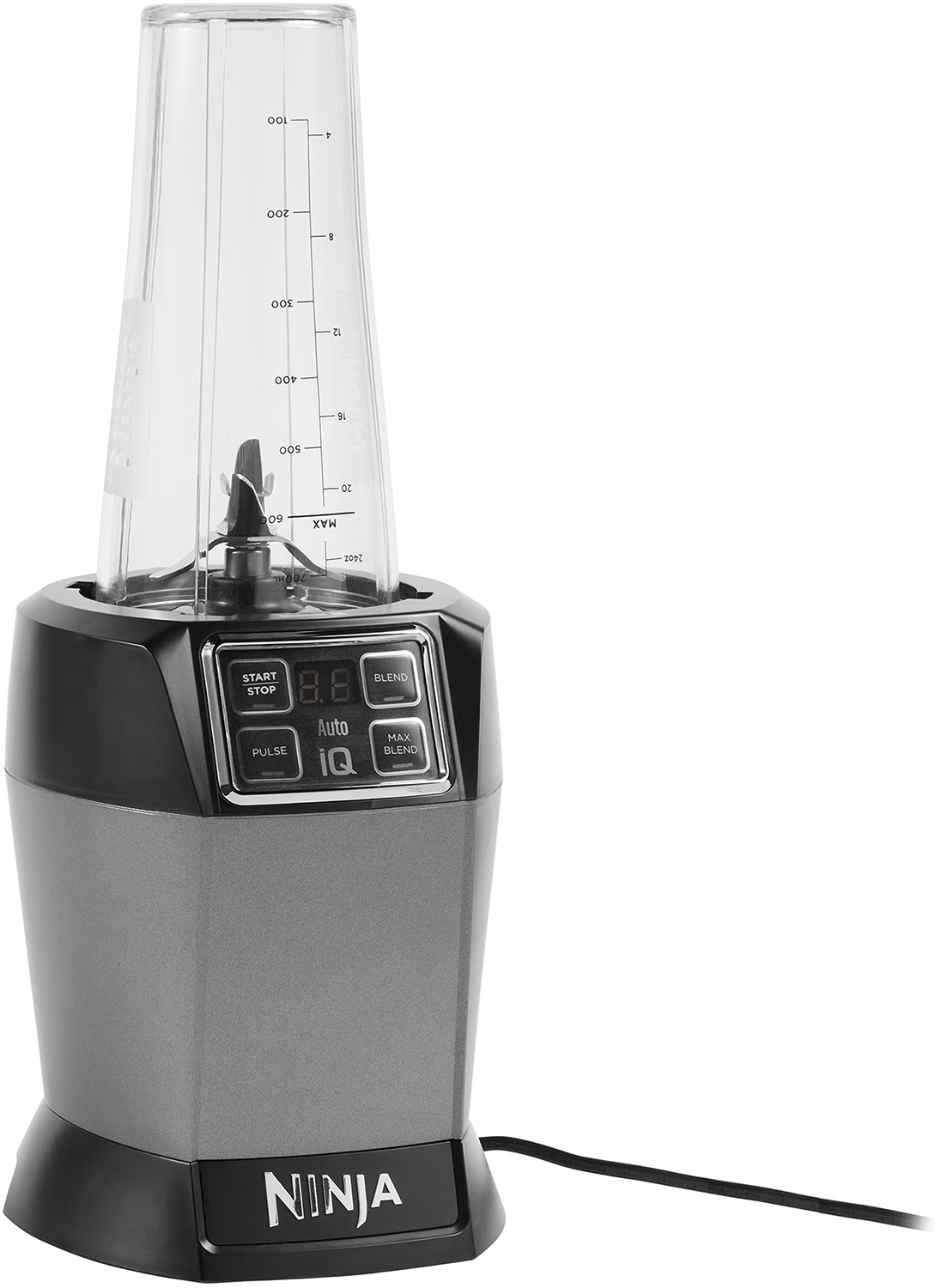A gray and black Ninja blender. It has a clear plastic container with measurement markings.