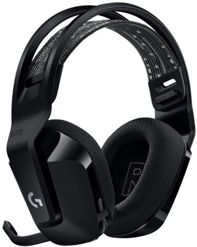 Fekete G733 gaming fejhallgató mikrofonnal. A fejpánton minta látható.