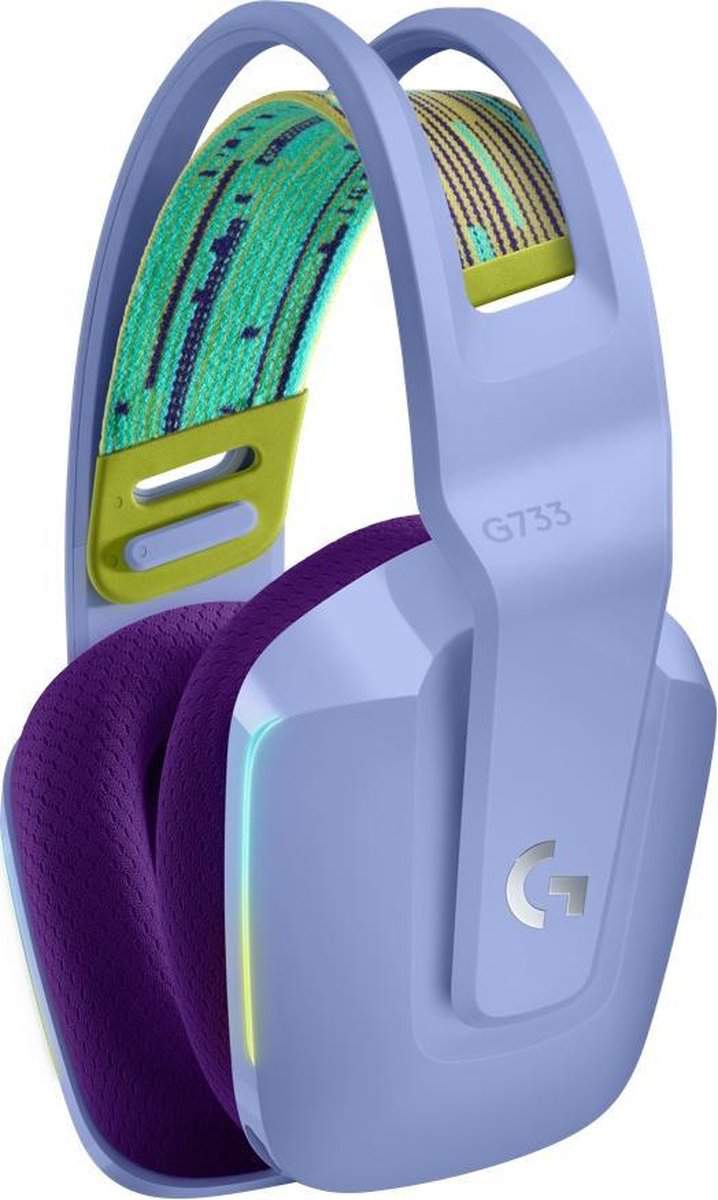 Kék gamer fejhallgató lila fülpárnákkal, zöld csíkos fejpánttal. G733 logó.
