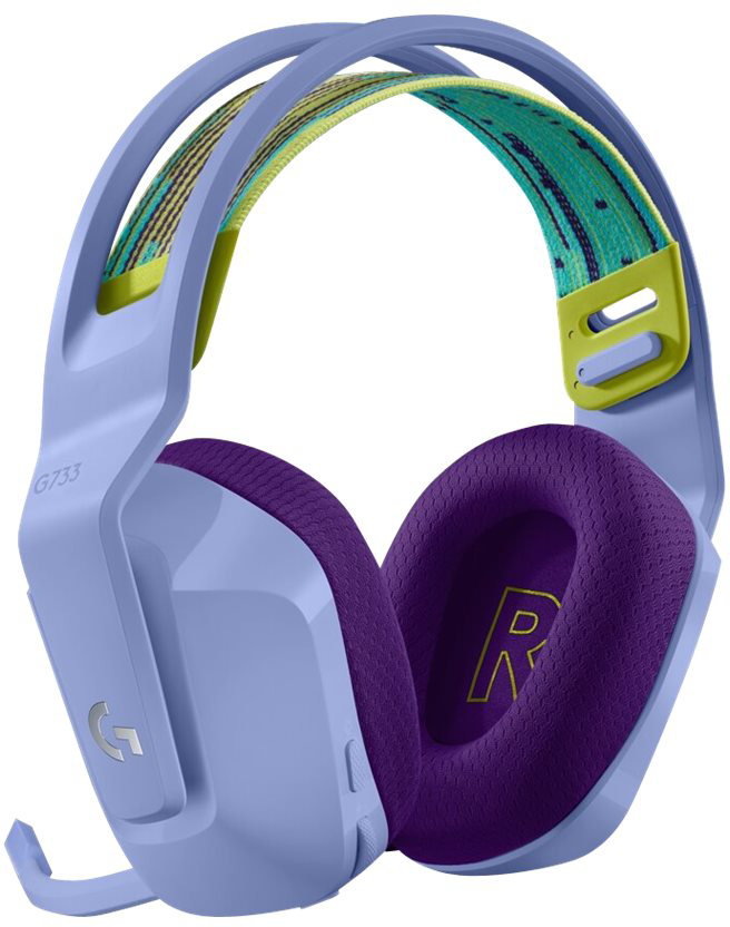 Világoskék Logitech G733 gaming headset. Lila fülkagylók 'R' logóval. Zöld-kék fejpánt.