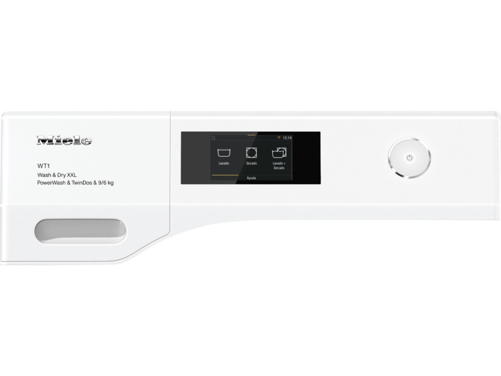 Panel de control de lavadora blanco. Pantalla negra con iconos táctiles. Marca Miele. Potencia y configuraciones.