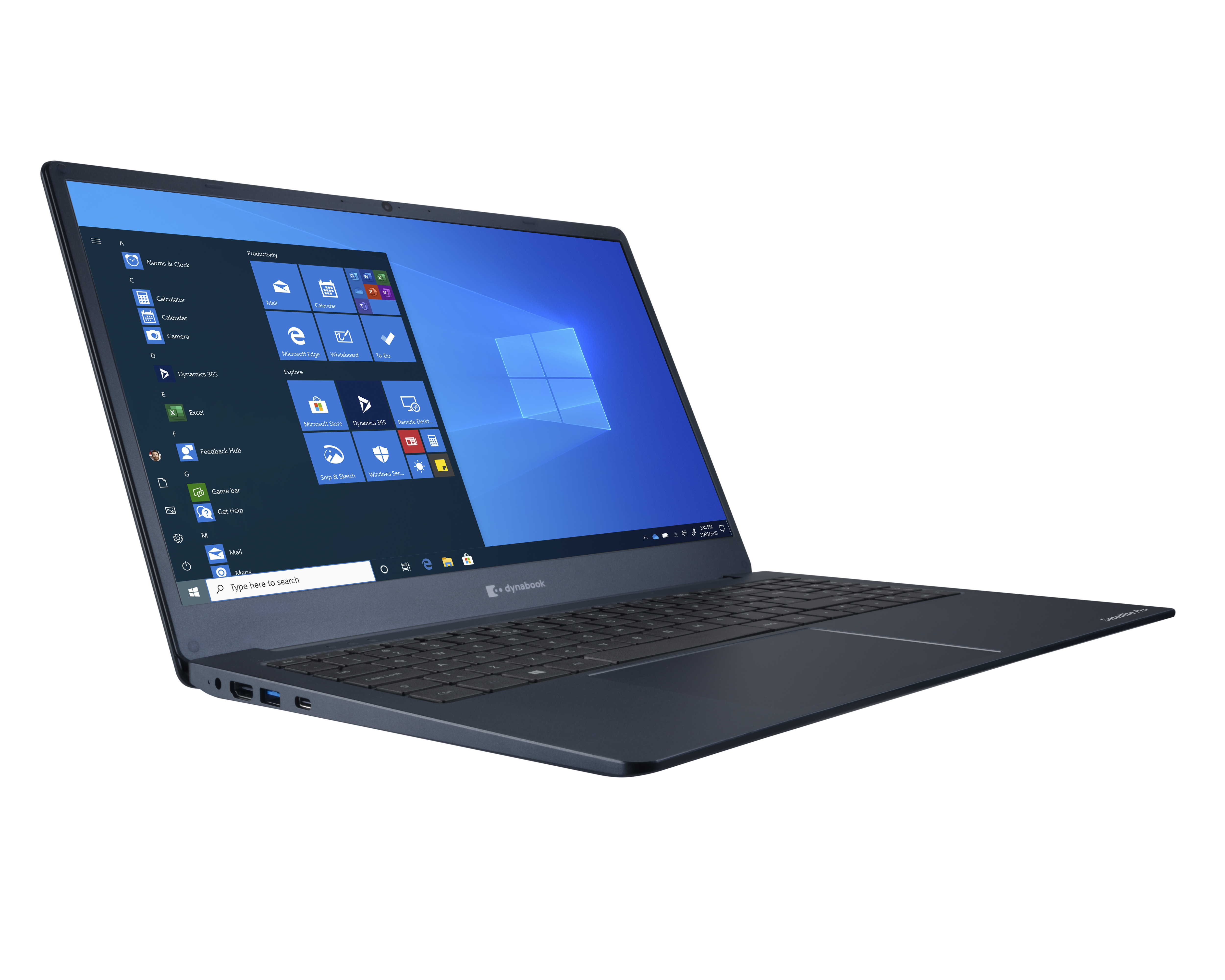Ordenador portátil azul oscuro sobre un fondo blanco. La pantalla muestra el menú de inicio de Windows.