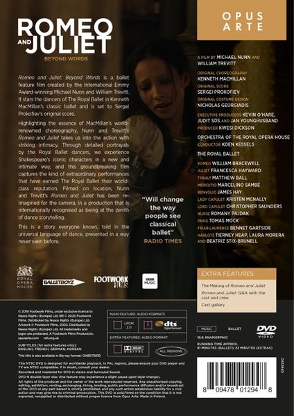 Rückseite einer DVD-Hülle des Balletts 'Romeo und Julia', mit Text, Bildern und Credits.