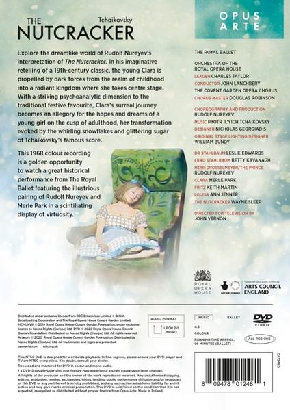 Rückseite der Nutcracker DVD. Zeigt ein schlafendes Mädchen, Text über das Ballett, Credits.