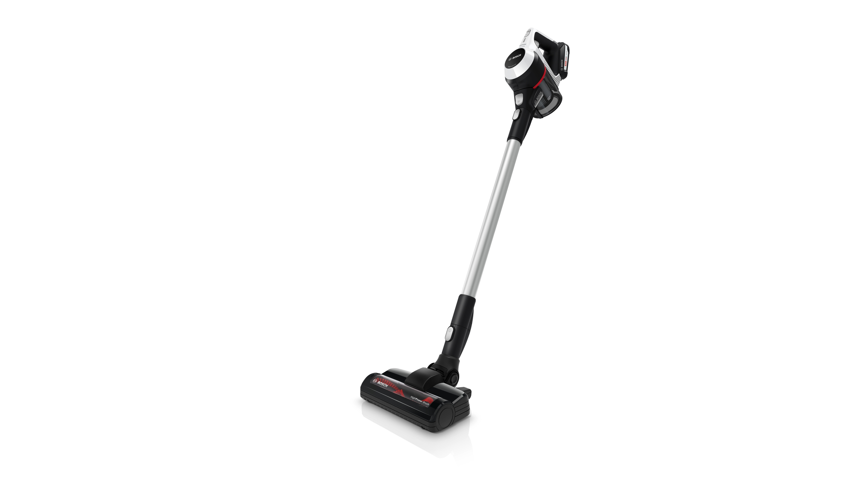 Kabelloser Staubsauger. Er hat ein schwarz-silbernes Design und einen roten Ein-/Ausschalter.