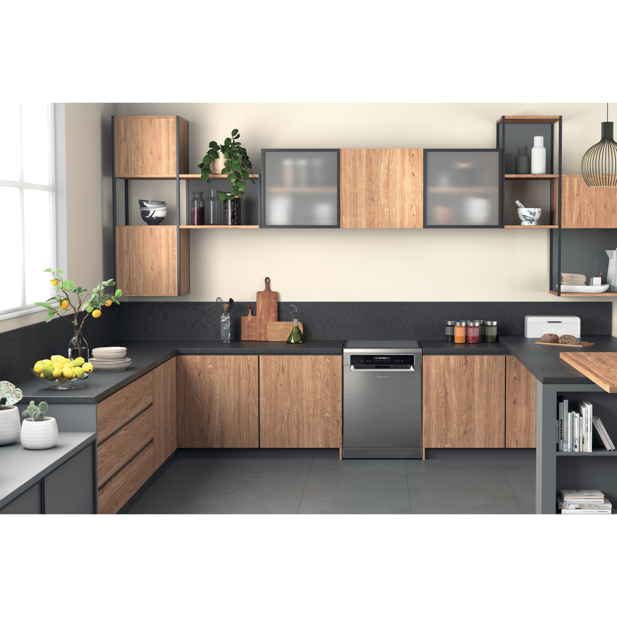 Eine moderne Küche mit Holzschränken, einem Geschirrspüler und einer Theke mit Lebensmitteln.