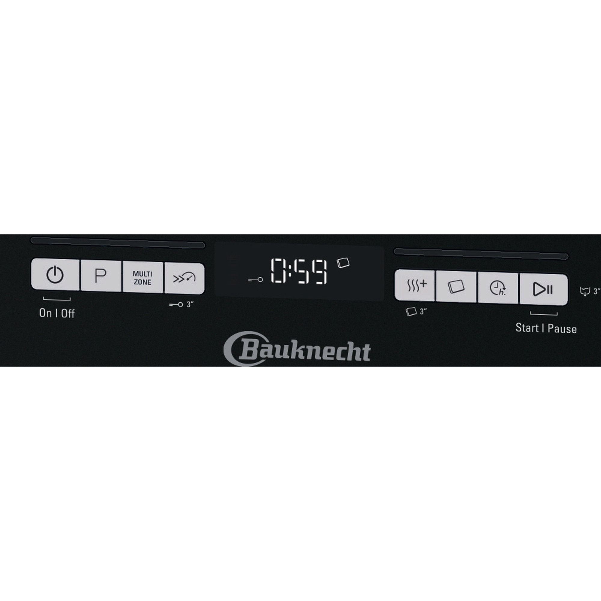 Schwarzes Bedienfeld für ein Bauknecht-Gerät. Zeigt Zeit und verschiedene Funktionstasten.