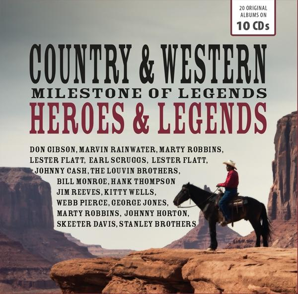Pochette d'album pour Country & Western Heroes & Legends. Un cow-boy à cheval et une scène de désert.