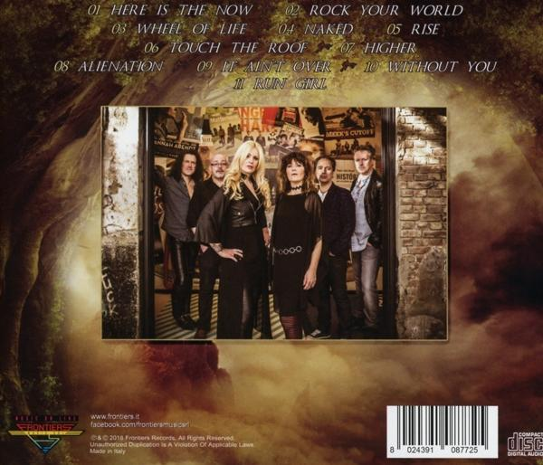Dos de CD avec les membres du groupe, les titres des chansons et le logo Frontiers Records.