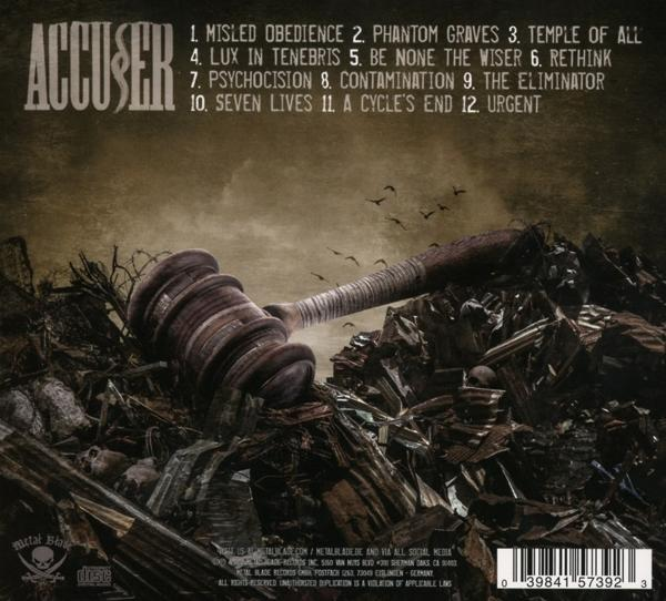CD-Rückseite mit Songtiteln und Credits, die einen Hammer auf einem Trümmerhaufen zeigen.