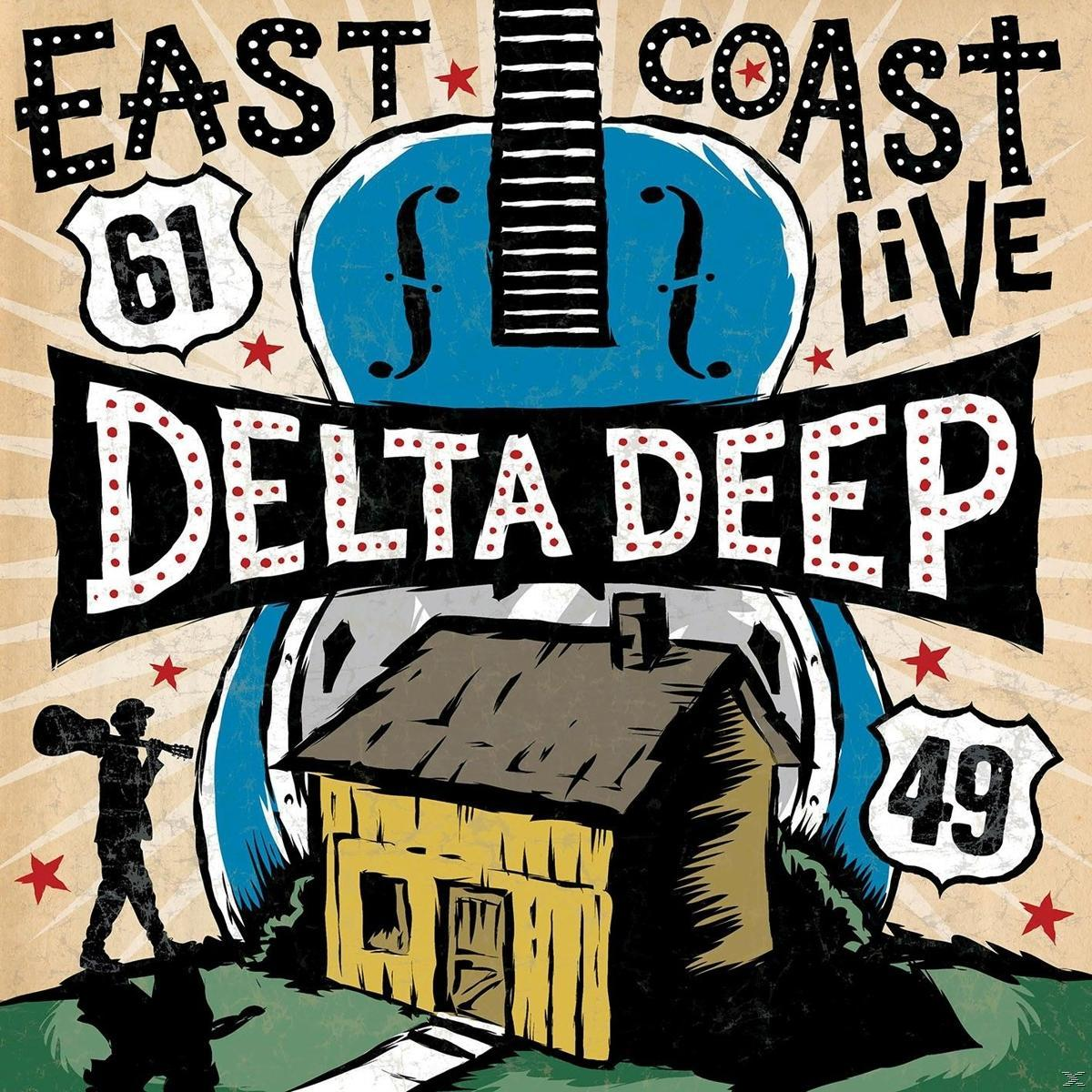 Poszter: Kék gitár, sárga ház, gitáros férfi. East Coast Live Delta Deep.