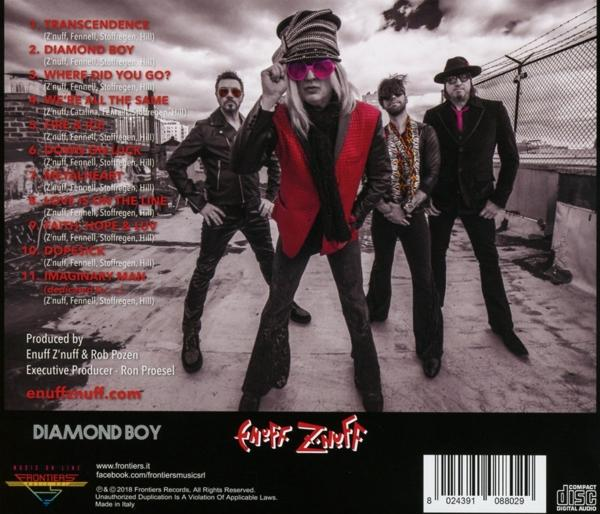 Az 'Enuff Z'Nuff' Diamond Boy albumjának hátulja, a zenekar fotójával és a számlistával.