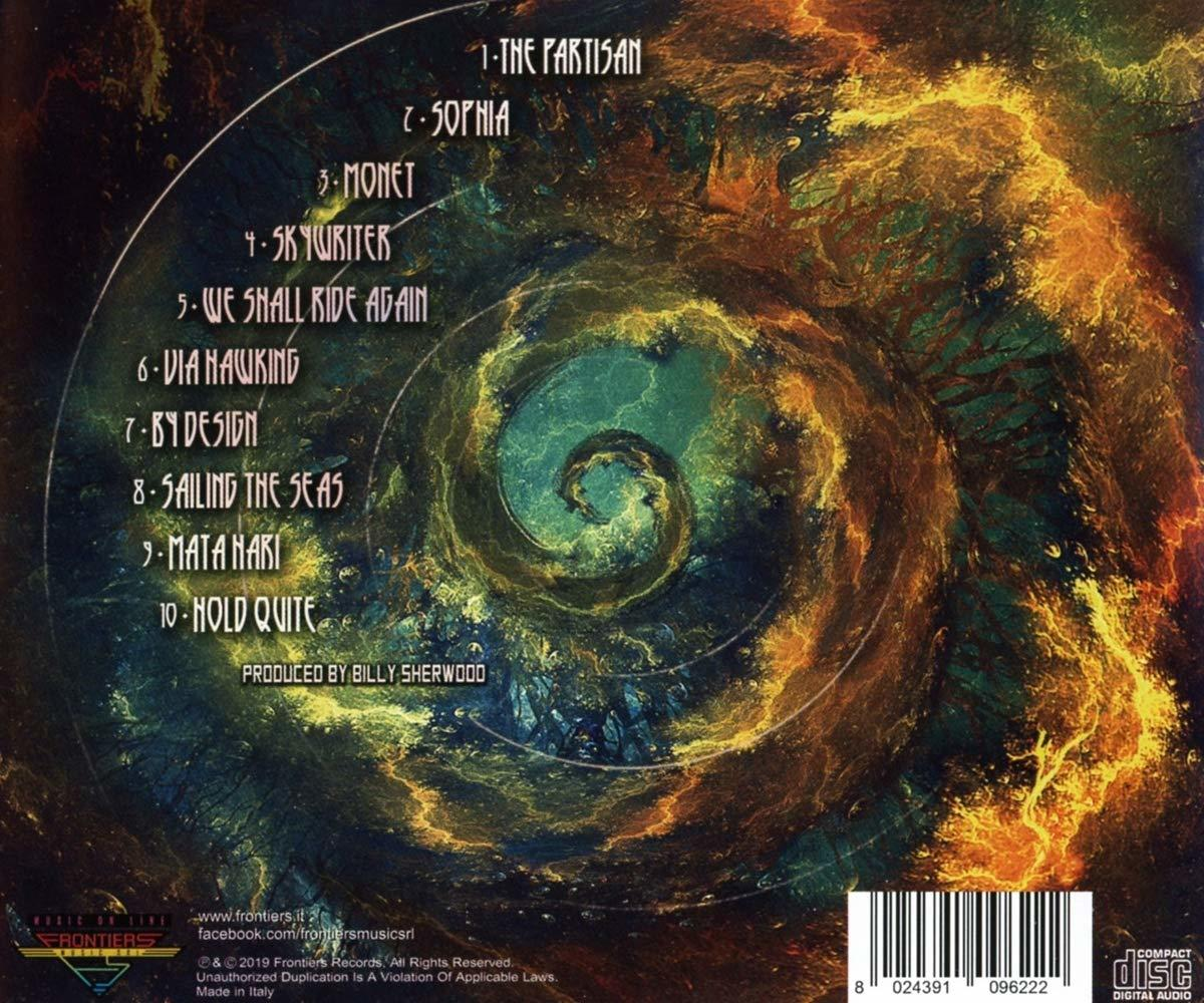 Album borító örvénylő, tüzes dizájnnal, spirállal a közepén, és számok listájával.