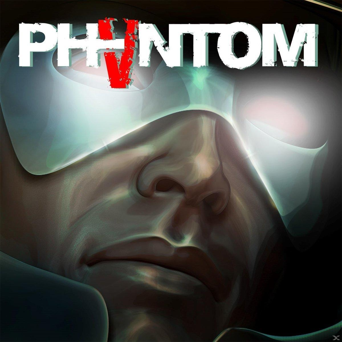 Filmposter close-up van een gezicht met witte tekst 'PHANTOM' en de letter 'V' in rood erover.