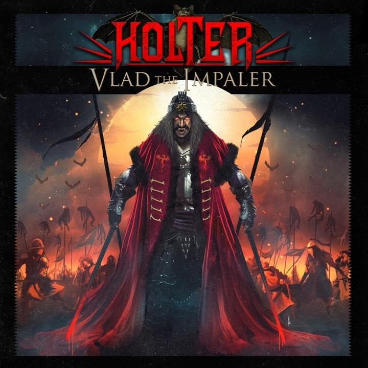 Albumhoes, afbeelding van Vlad de Spietser met zwaarden, rode cape, donkere achtergrond.