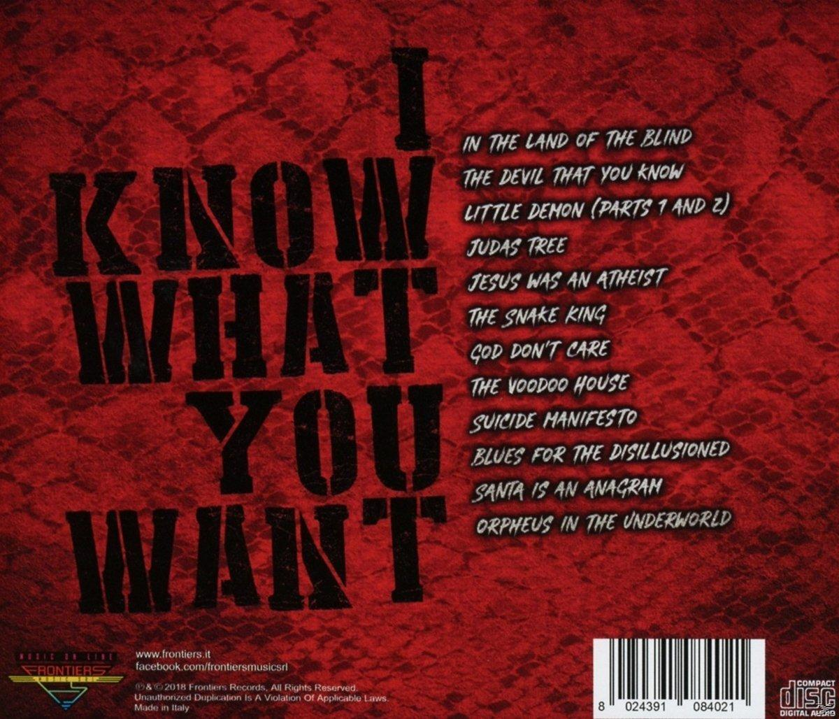 Albumcover mit den Worten "I KNOW WHAT YOU WANT" in gotischer Schrift auf rotem Hintergrund.