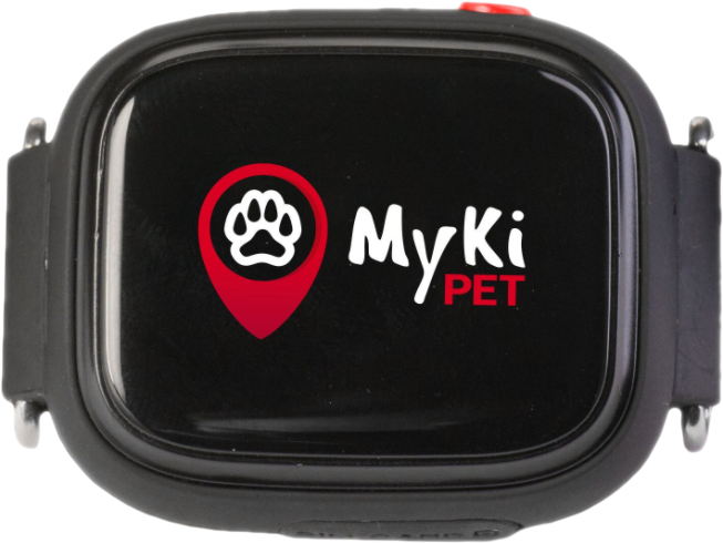 Fekete MyKi PET nyomkövető. Piros gomb van rajta, és egy mancsnyom ikon látható a márkanévvel a képernyőn.