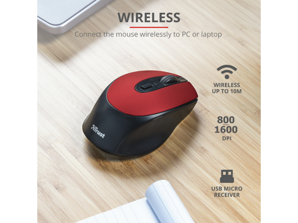 Ratón inalámbrico - Trust Zaya Rechargeable Wireless, 1600 ppp, Ahorro energía, Baterías recargables, Rojo