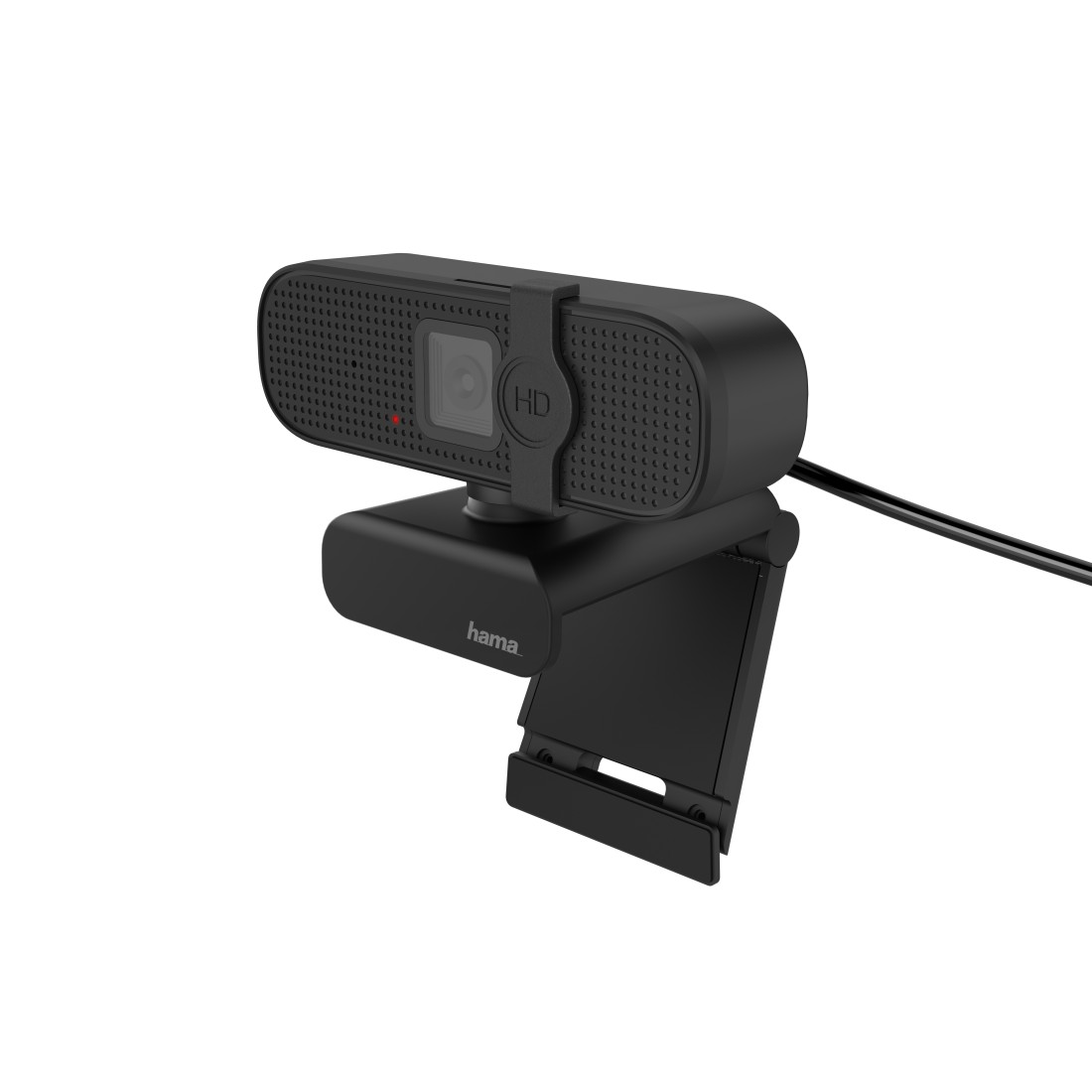Eine schwarze Hama-Webcam. Sie hat ein Kameraobjektiv, eine LED-Anzeige und einen Montageclip.