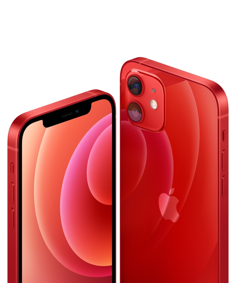 İkisi de kırmızı iPhone 12, biri ekranı, diğeri arkasını gösteriyor.