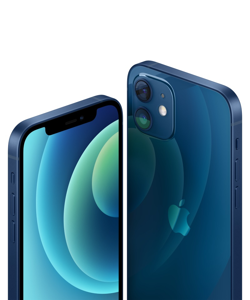 İki mavi iPhone, biri odaklanmış, arka ve ön görünümleri gösteriyor. Apple logosu görünür.