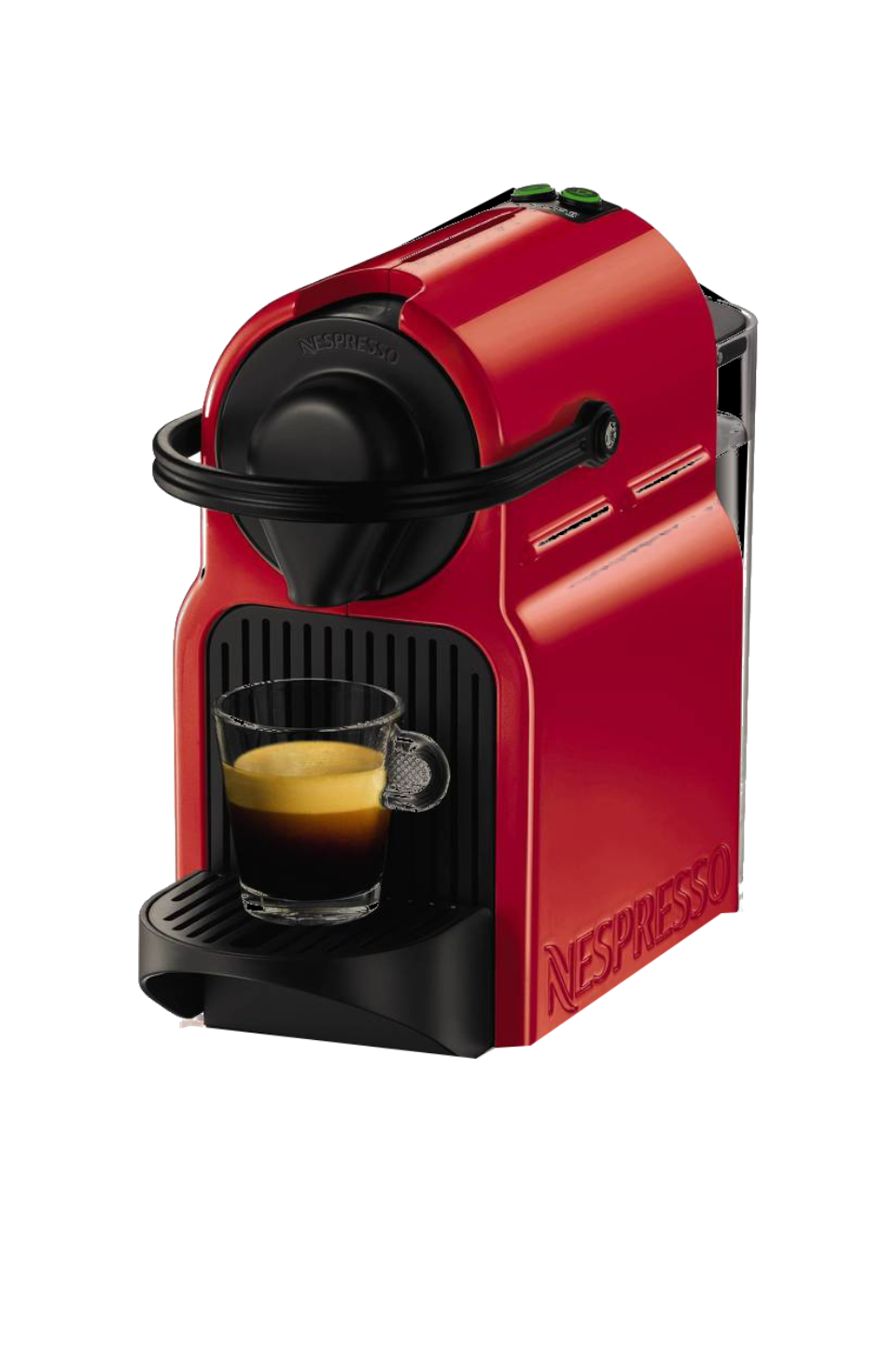 Rote Nespresso-Kaffeemaschine mit Glasbecher. Schwarze Details und Markenname sichtbar.