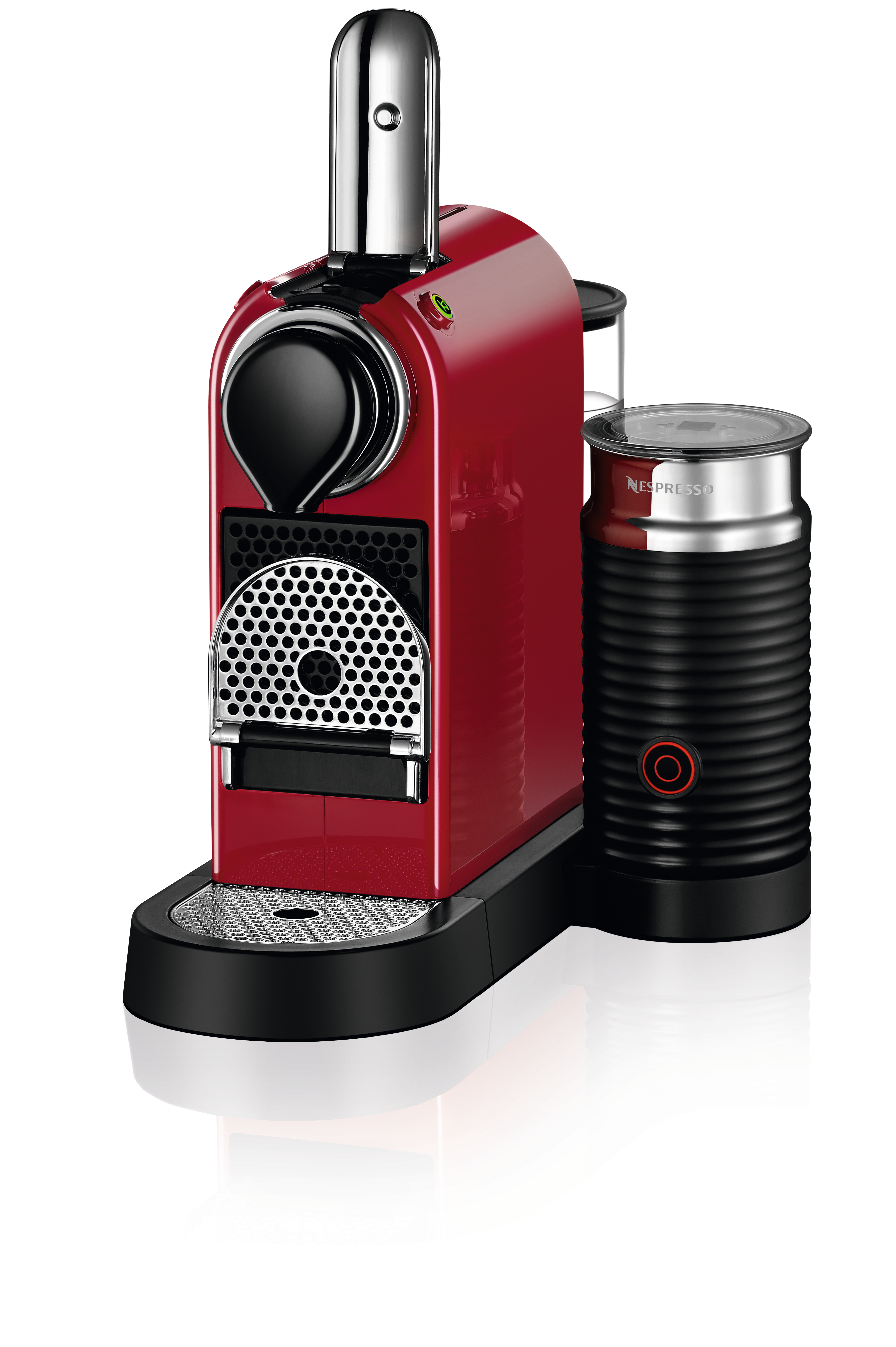 Rote Nespresso Kaffeemaschine mit Milchaufschäumer.