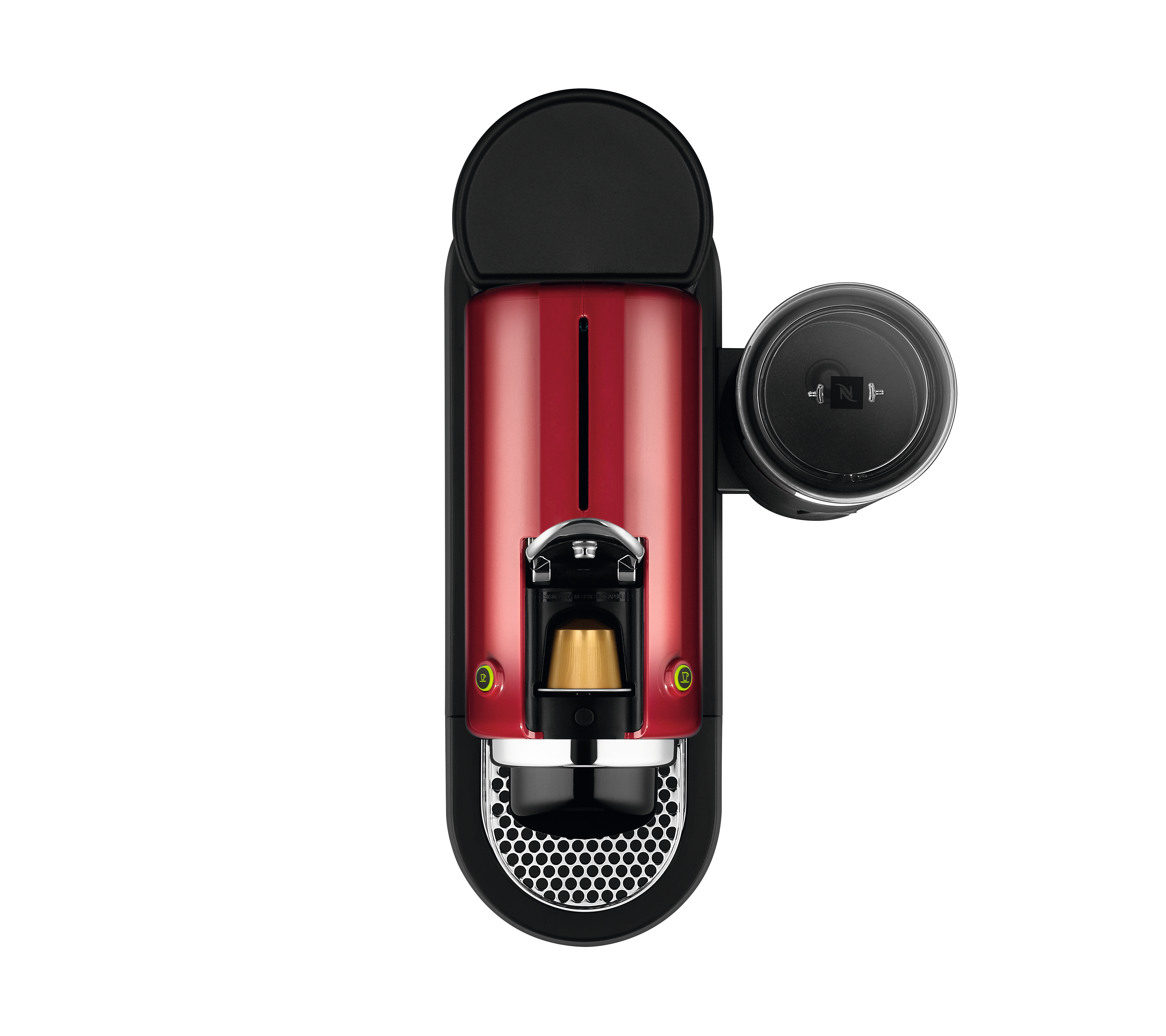 Eine rote Nespresso-Kaffeemaschine, Draufsicht, mit einer Tasse.