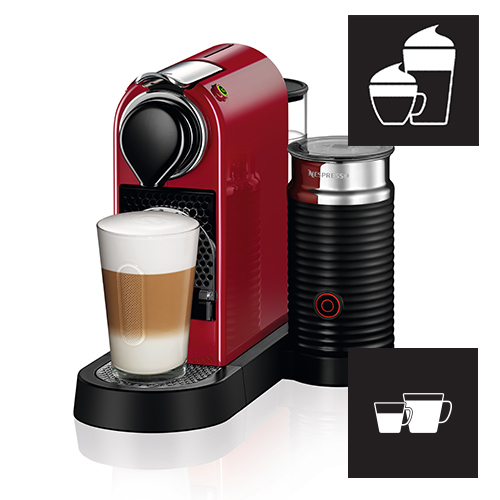 Rote Kaffeemaschine mit Milchaufschäumer und einem Glas Latte Macchiato. Symbole für verschiedene Kaffeesorten sind ebenfalls vorhanden.