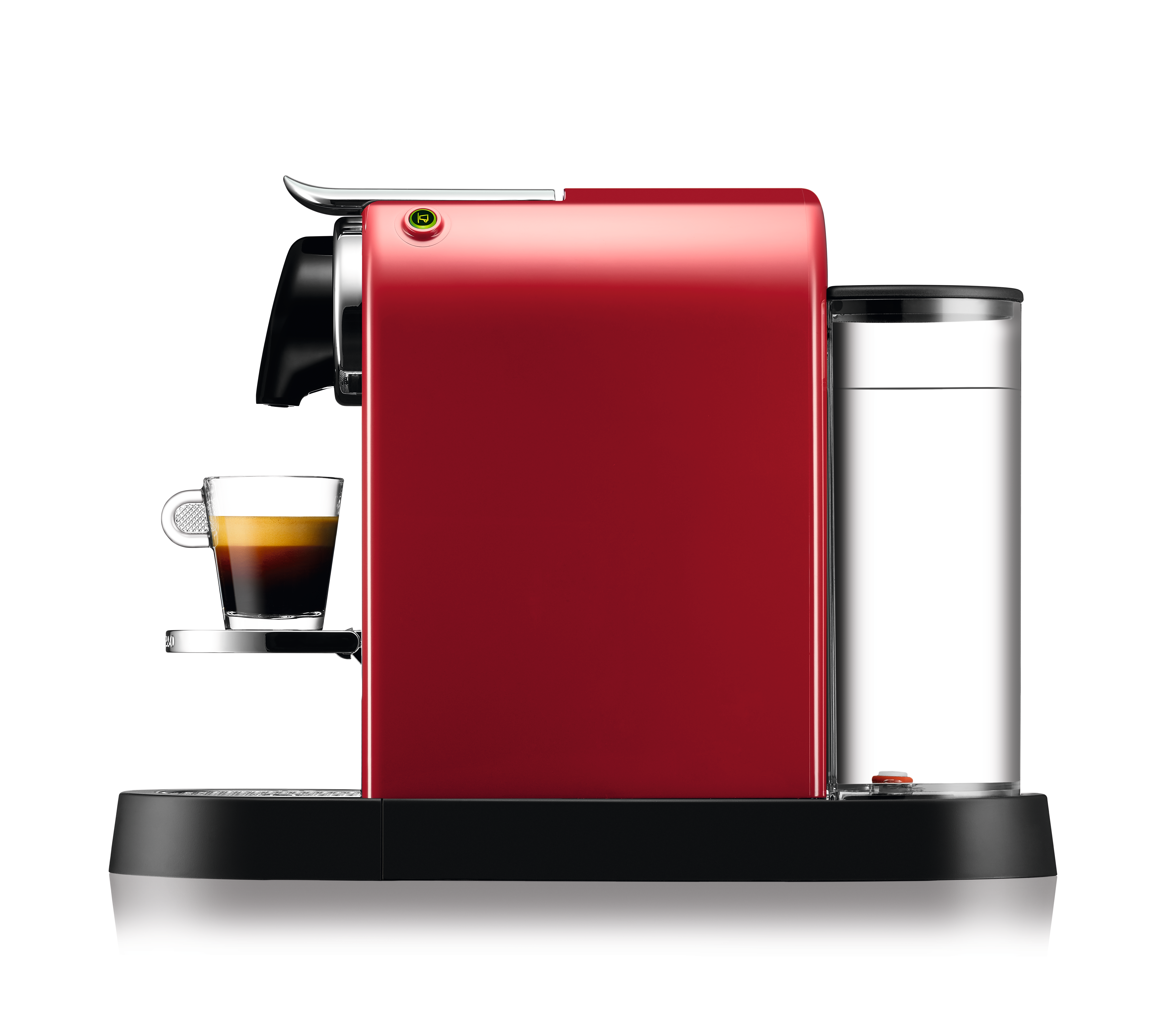 Eine rote Espressomaschine mit einer Tasse Kaffee und einem Wassertank.
