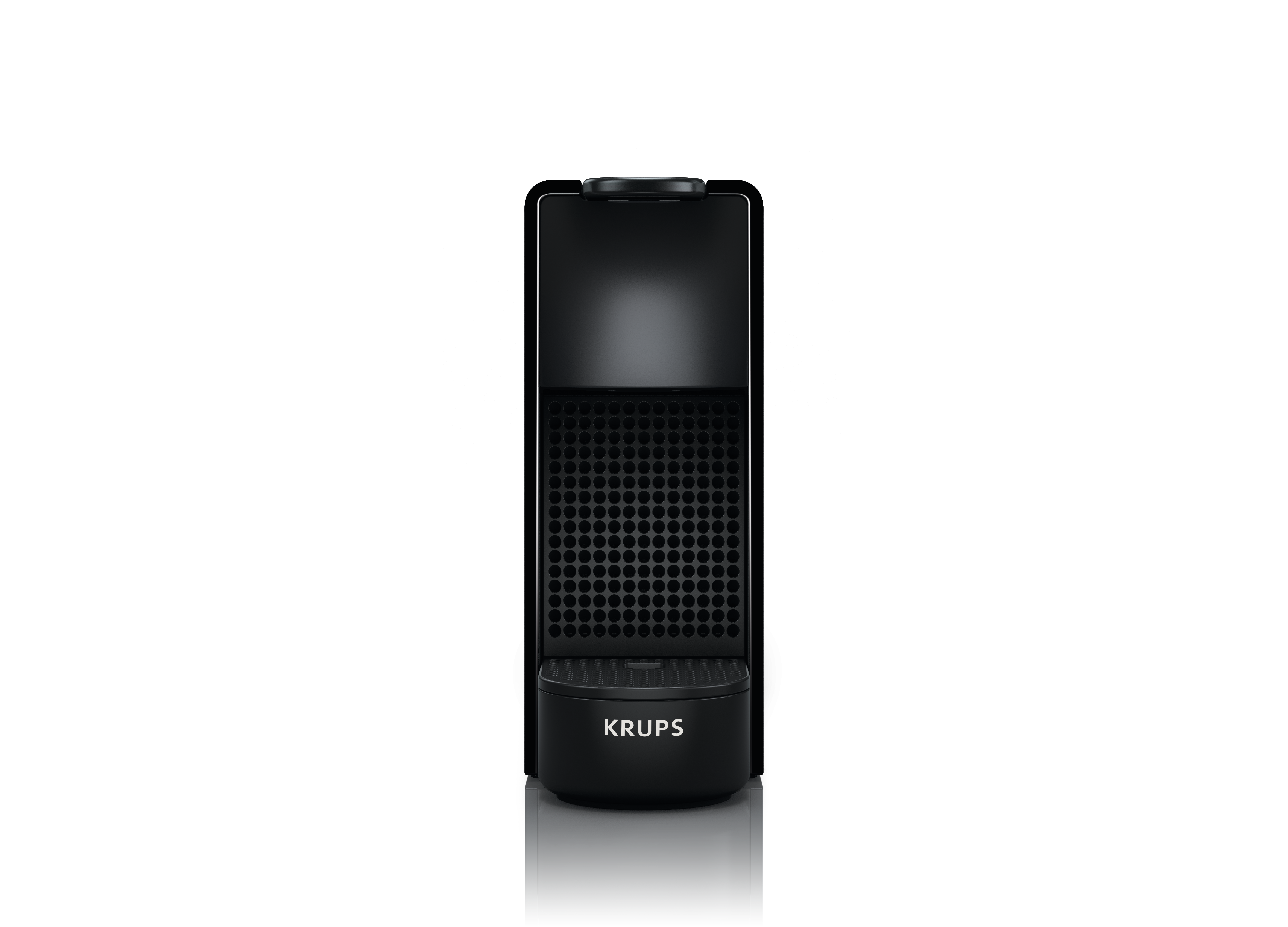Schwarze Krups Nespresso Kaffeemaschine. Schwarzer Hintergrund.