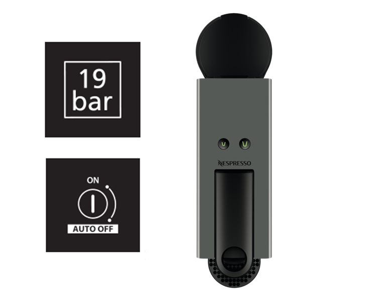 Nespresso-Kaffeemaschine mit zwei Symbolen: 19 bar und einer 'ON'-Taste mit Auto-Off.