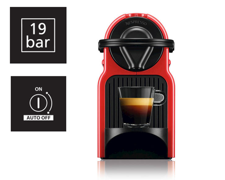 Eine rote Nespresso-Maschine mit einem Glas Espresso. Zwei Knöpfe und ein 19-Bar-Symbol sind zu sehen.