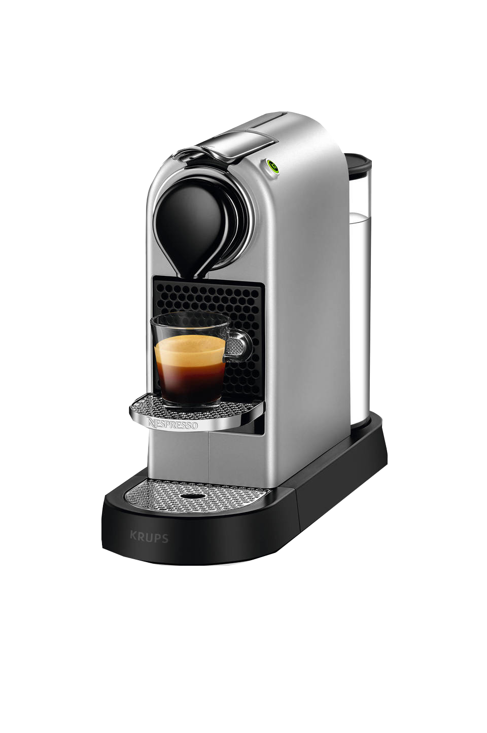 Silberne Krups Nespresso-Maschine. Ein Glas Espresso steht davor.