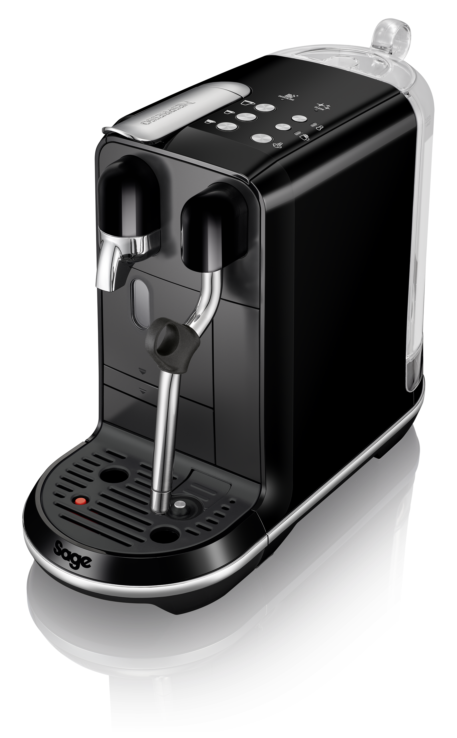 Schwarze Sage Kaffeemaschine mit silbernem Auslauf und transparentem Wasserbehälter.