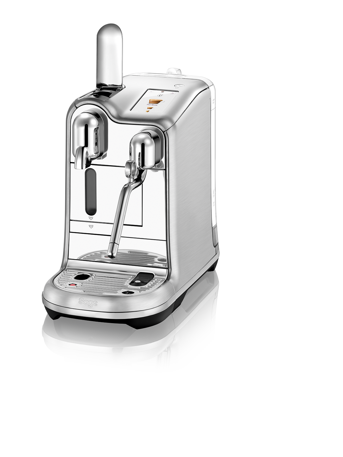 Silberne Sage Espressomaschine mit zwei Ausläufen, Milchaufschäumer und Touchscreen.